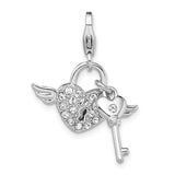 Amore La Vita Sterling Silver Rhodium-plated Polished Reversible Pink Enameled Winged Heart and Key with Crystal From Swarovski Charm with Fancy Lobster Clasp QCC1183
