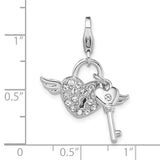 Amore La Vita Sterling Silver Rhodium-plated Polished Reversible Pink Enameled Winged Heart and Key with Crystal From Swarovski Charm with Fancy Lobster Clasp QCC1183
