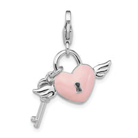 Amore La Vita Sterling Silver Rhodium-plated Polished Reversible Pink Enameled Winged Heart and Key with Crystal From Swarovski Charm with Fancy Lobster Clasp QCC1183