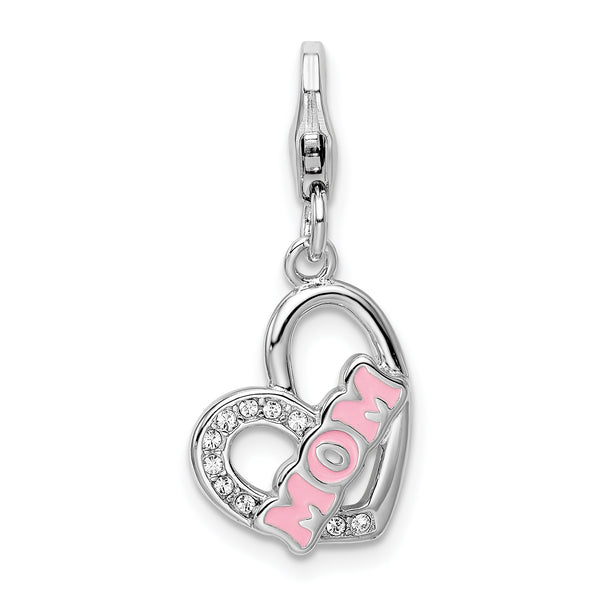 925 Sterling Silver Enameled with Swarovski Mom Heart Lobster Clasp Charm