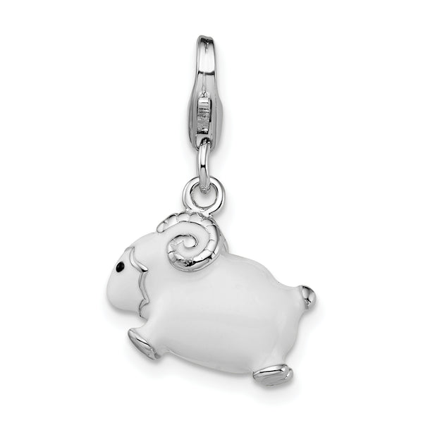 Amore La Vita Sterling Silver Rhodium-plated Polished 3-D Enameled Ram Lobster Clasp Charm QCC1190