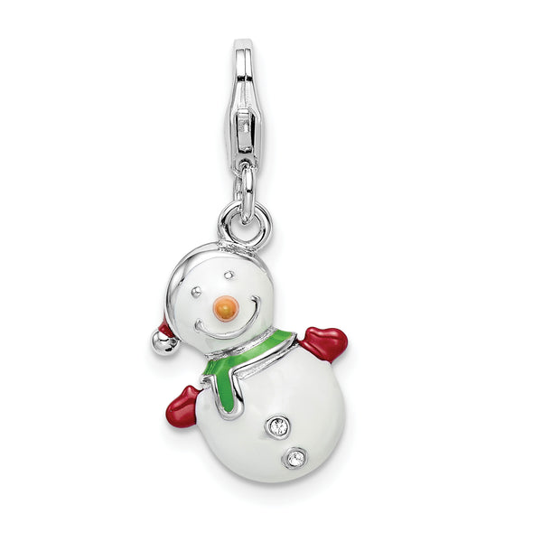 925 Sterling Silver Enameled with Swarovski 3D Snowman Lobster Clasp Charm