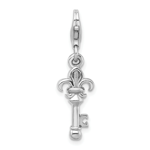 SS RH Polished Fleur de Lis Key with Lobster Clasp Charm
