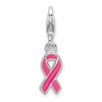925 Sterling Silver Pink Enameled Awareness Ribbon with Lobster Clasp Charm