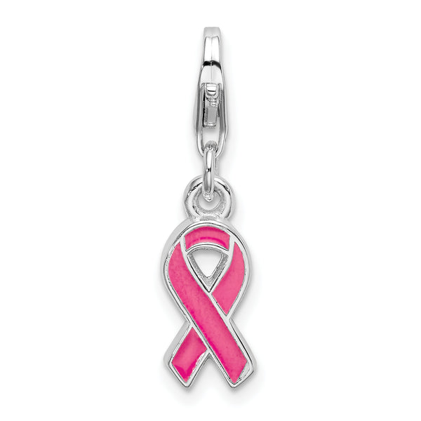 925 Sterling Silver Pink Enameled Awareness Ribbon with Lobster Clasp Charm