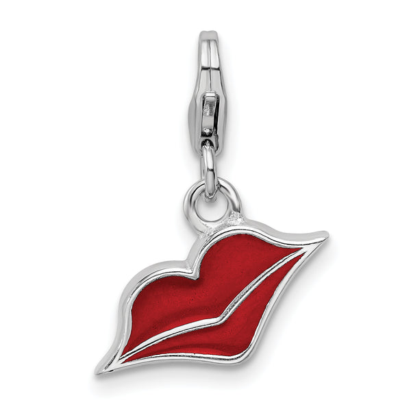 Amore La Vita Sterling Silver Rhodium-plated Polished Red Enameled Lips Charm with Fancy Lobster Clasp QCC1211