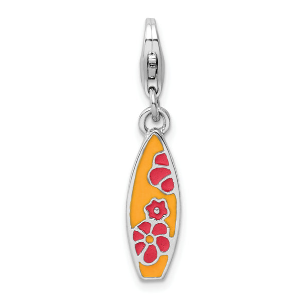 SS Rhodium-Plated Enameled Surf Board w/Flowers Lobster Clasp Charm