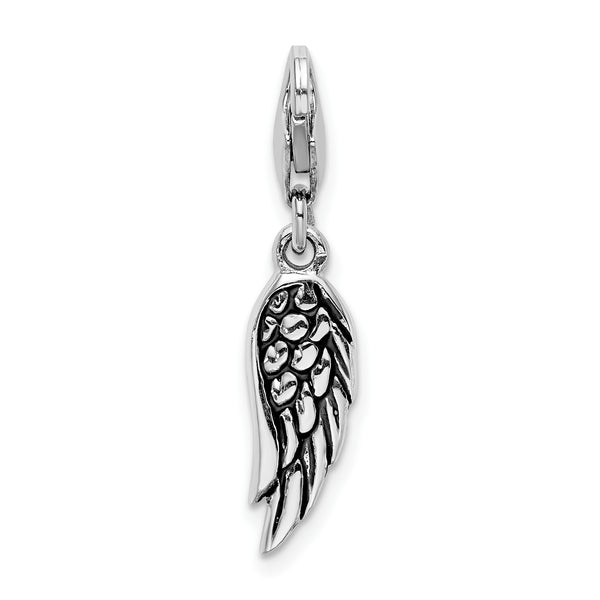 Sterling Silver Polished and Oxidized 3D Wing Lobster Clasp Charm