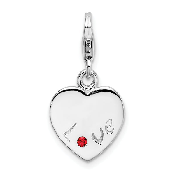 SS Rhodium Polished w/Red CZ Love Heart Lobster Clasp Charm
