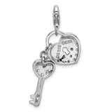 Cubic Zirconia Heart and Key Charm in Sterling Silver