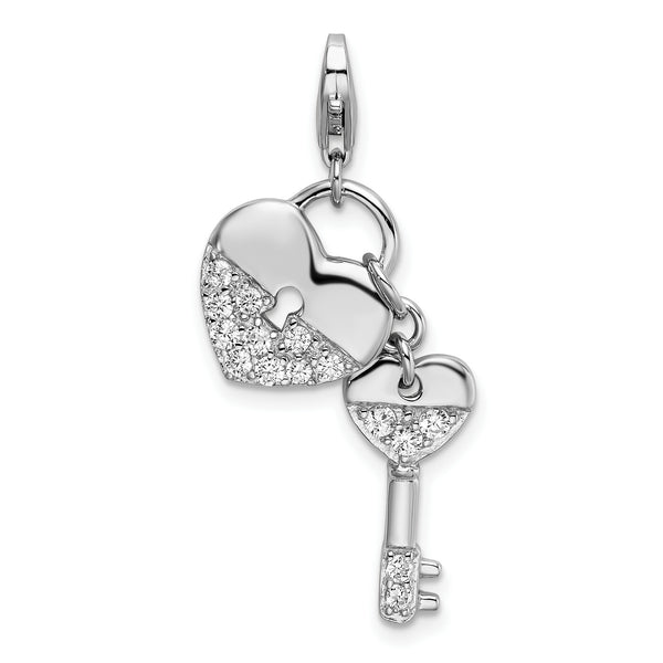 Cubic Zirconia Heart and Key Charm in Sterling Silver