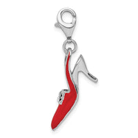 Sterling Silver Red Enameled & CZ High Heel Shoe W/Lobster Claw Clasp Clasp Charm Charms