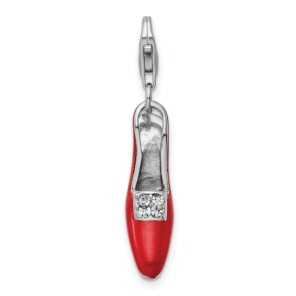 Sterling Silver Red Enameled & CZ High Heel Shoe W/Lobster Claw Clasp Clasp Charm Charms