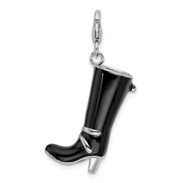 Sterling Silver 3-D Enameled Buckled Black Boot W/Lobster Claw Clasp Clasp Charm Charms
