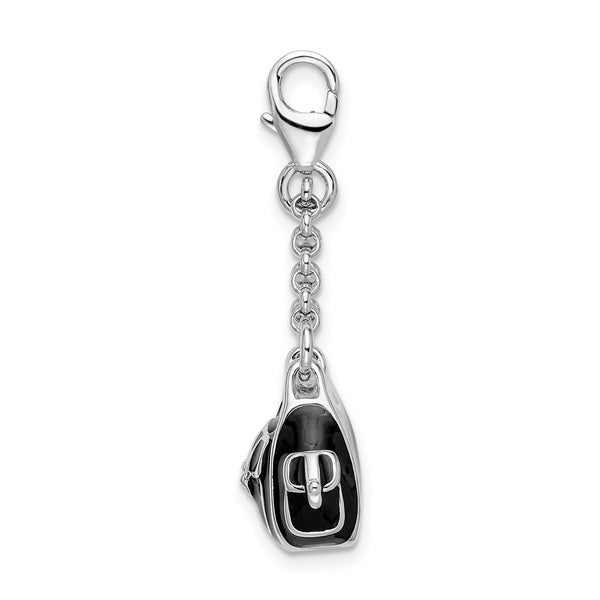 925 Sterling Silver 3-D Enameled Black Handbag with Lobster Clasp Charm