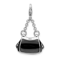 925 Sterling Silver 3-D Enameled Black Handbag with Lobster Clasp Charm