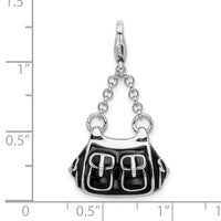 925 Sterling Silver 3-D Enameled Black Handbag with Lobster Clasp Charm