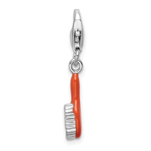 Sterling Silver Orange Enameled Hair Brush W/Lobster Claw Clasp Clasp Charm Charms