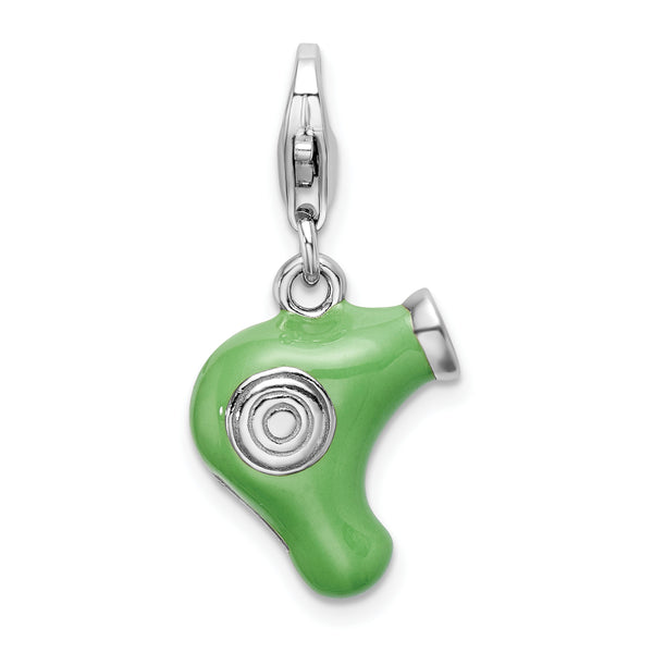 Sterling Silver Green Enameled Hair Dryer W/Lobster Claw Clasp Clasp Charm Charms