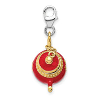 Sterling Silver Gold-Plated Red Enameled Tea Pot w/Lobster Clasp Charm