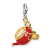 Sterling Silver Gold-Plated Red Enameled Tea Pot w/Lobster Clasp Charm