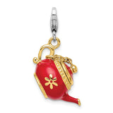 Sterling Silver Gold-Plated Red Enameled Tea Pot w/Lobster Clasp Charm