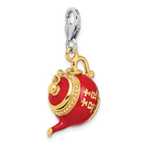 Sterling Silver Gold-Plated Red Enameled Tea Pot w/Lobster Clasp Charm