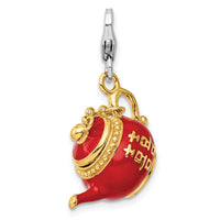 Sterling Silver Gold-Plated Red Enameled Tea Pot w/Lobster Clasp Charm