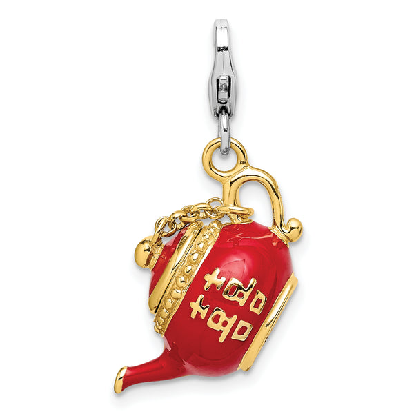 Sterling Silver Gold-Plated Red Enameled Tea Pot w/Lobster Clasp Charm