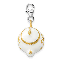 Sterling Silver Gold-plated WhiteEnameled Tea Pot W/Lobster Claw Clasp Clasp Charm Charms