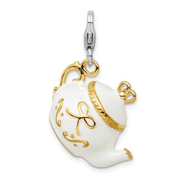Sterling Silver Gold-plated WhiteEnameled Tea Pot W/Lobster Claw Clasp Clasp Charm Charms