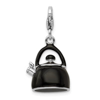 Sterling Silver 3-D Enameled Black Tea Kettle W/Lobster Claw Clasp Clasp Charm Charms