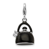 Sterling Silver 3-D Enameled Black Tea Kettle W/Lobster Claw Clasp Clasp Charm Charms