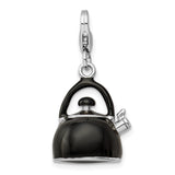 Sterling Silver 3-D Enameled Black Tea Kettle W/Lobster Claw Clasp Clasp Charm Charms