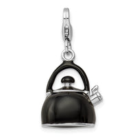 Sterling Silver 3-D Enameled Black Tea Kettle W/Lobster Claw Clasp Clasp Charm Charms