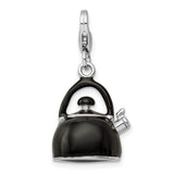 Sterling Silver 3-D Enameled Black Tea Kettle W/Lobster Claw Clasp Clasp Charm Charms