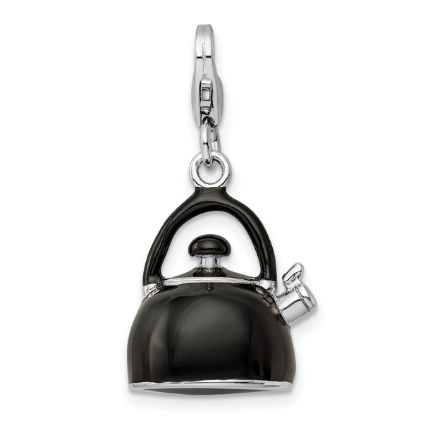 Sterling Silver 3-D Enameled Black Tea Kettle W/Lobster Claw Clasp Clasp Charm Charms