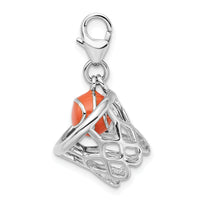 925 Sterling Silver 3-D Enameled Basketball in Net with Lobster Clasp Charm
