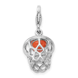 925 Sterling Silver 3-D Enameled Basketball in Net with Lobster Clasp Charm