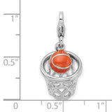 925 Sterling Silver 3-D Enameled Basketball in Net with Lobster Clasp Charm