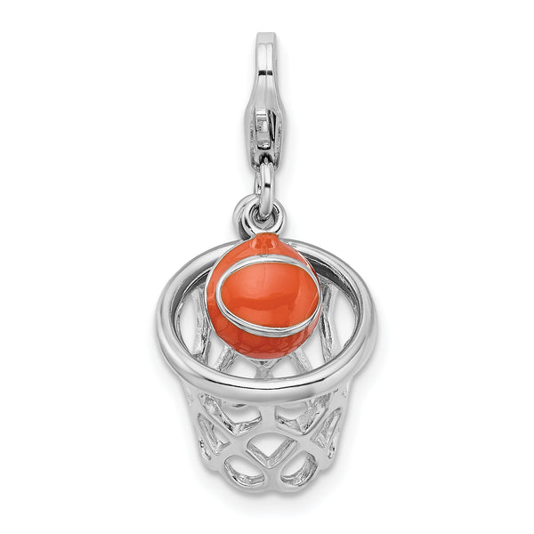 925 Sterling Silver 3-D Enameled Basketball in Net with Lobster Clasp Charm