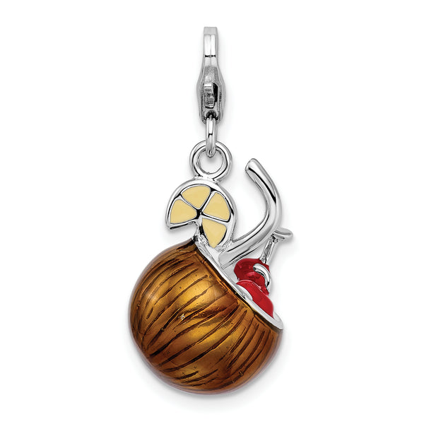 Sterling Silver 3-D Enameled Pina Colada W/Lobster Claw Clasp Clasp Charm Charms