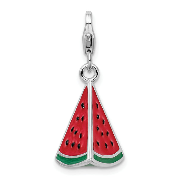 Sterling Silver 3-D Enameled Watermelon Wedge W/Lobster Claw Clasp Clasp Charm Charms