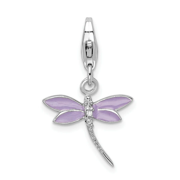 Sterling Silver Lilac Enameled & CZ Dragonfly with Lobster Clasp Charm