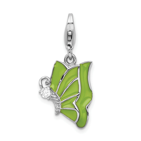 Sterling Silver Green Enameled & CZ Butterfly W/Lobster Claw Clasp Clasp Charm Charms
