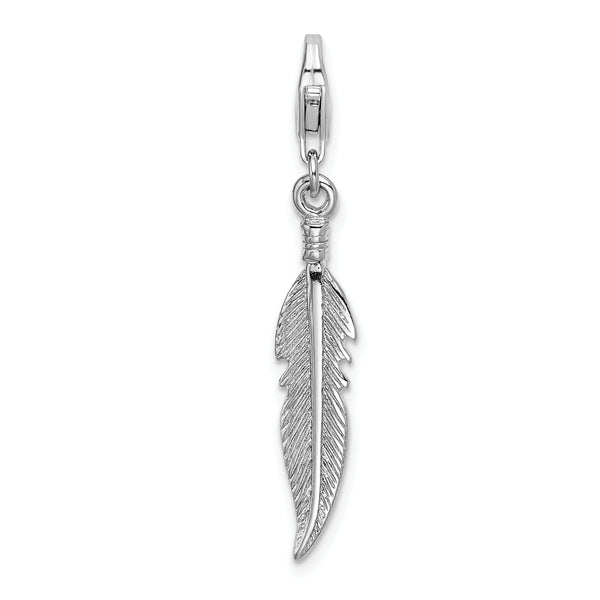 925 Sterling Silver 3-D Polished Feather with Lobster Clasp Charm