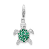 Sterling Silver Green & Clear CZ Turtle W/Lobster Claw Clasp Clasp Charm Charms
