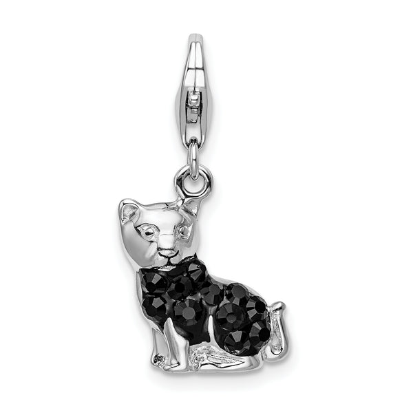 925 Sterling Silver Enameled Crystal Cat with Lobster Clasp Charm