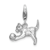 Sterling Silver 3-D Polished Kitten & Ball W/Lobster Claw Clasp Clasp Charm Charms
