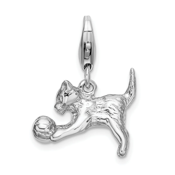 Sterling Silver 3-D Polished Kitten & Ball W/Lobster Claw Clasp Clasp Charm Charms